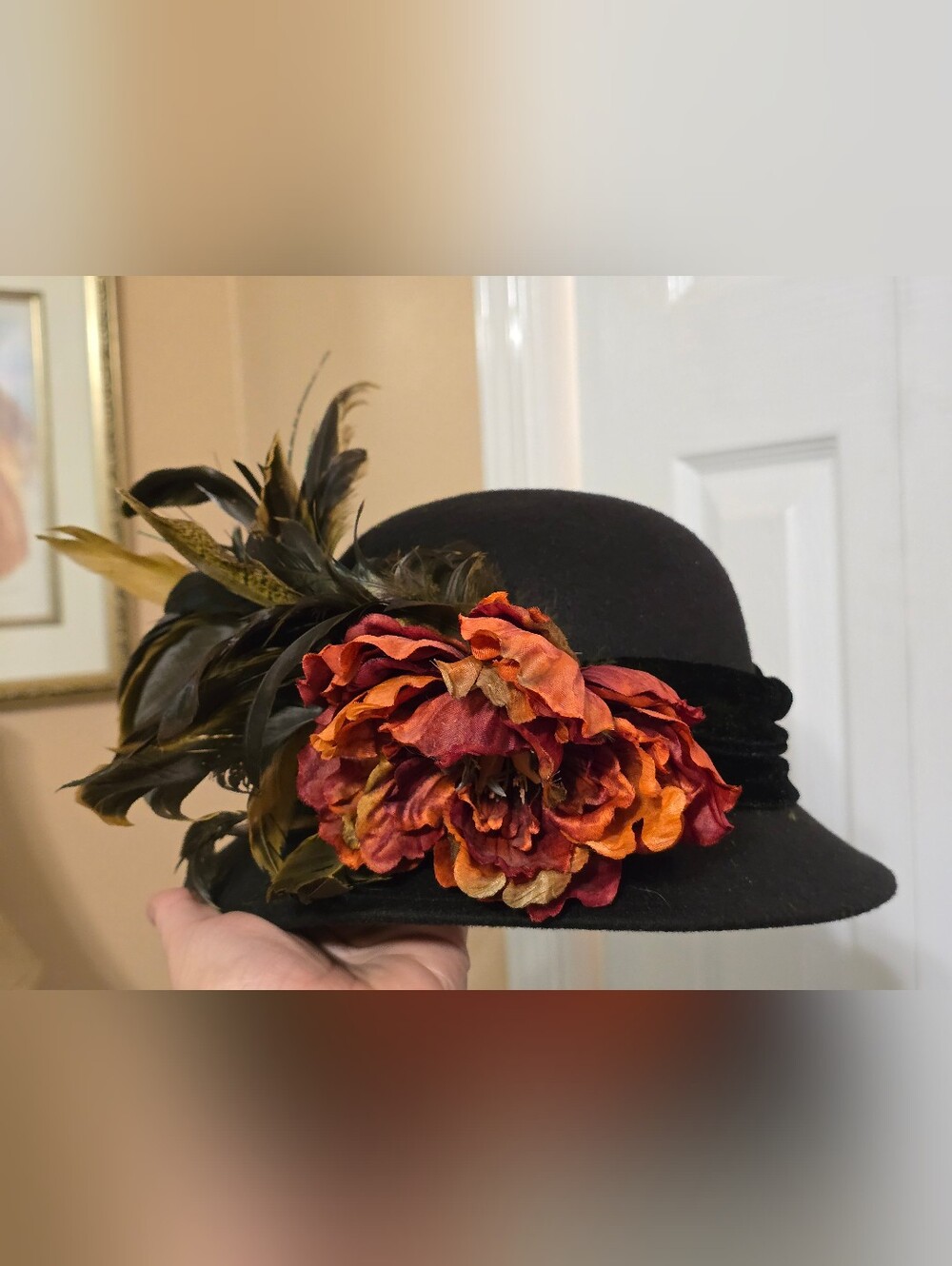 Black Felt Cloche Hat with Orange Red Flowers, Feathers, On Black Velvet Band
